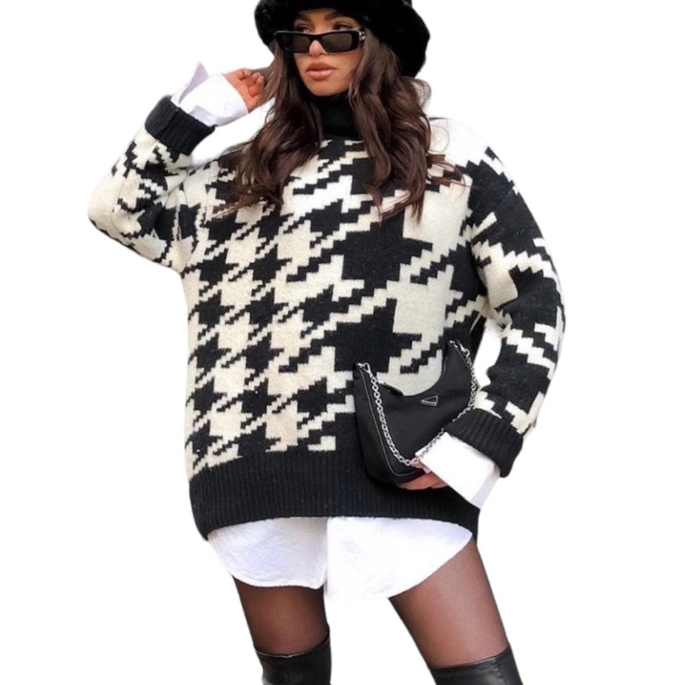 William Rast Houndstooth Turtleneck Knit Sweater Neutral Black & Grey New